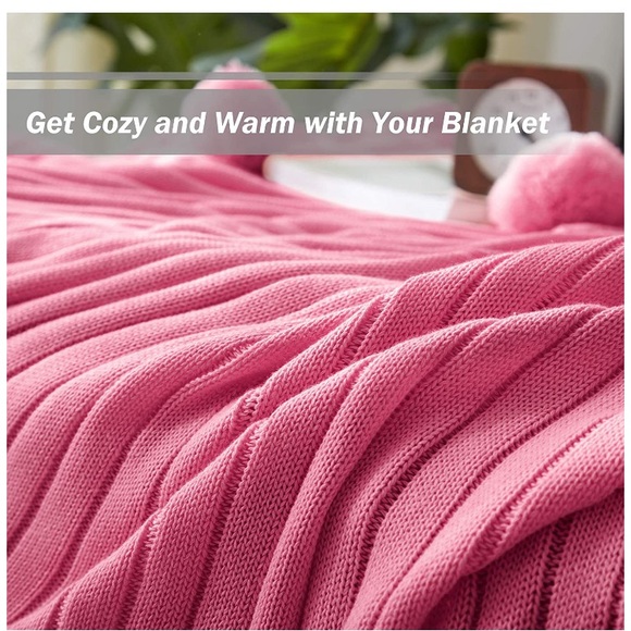 Vibrant Pink Pompom Fringe Chic Cozy Bedroom/Dorm Soft Throw Blanket/Cover - Picture 4 of 12